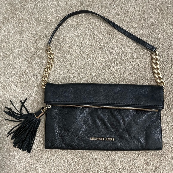 Michael Kors Black Foldover Shoulder Bag Clutch with Gold Chain Accents - Picture 1 of 2